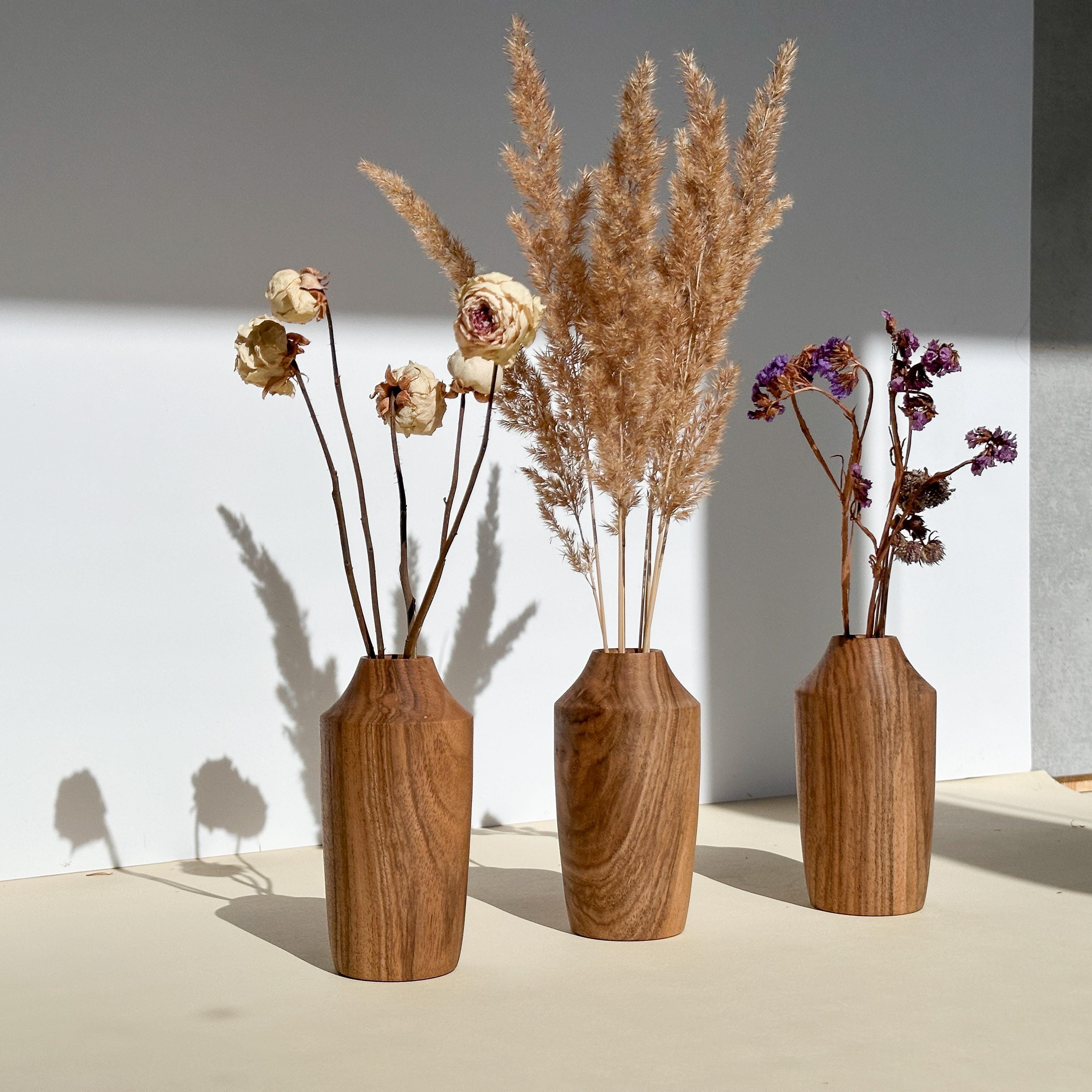 Handcrafted Walnut Wood Vase: Natural Home Decor for Dried Flowers