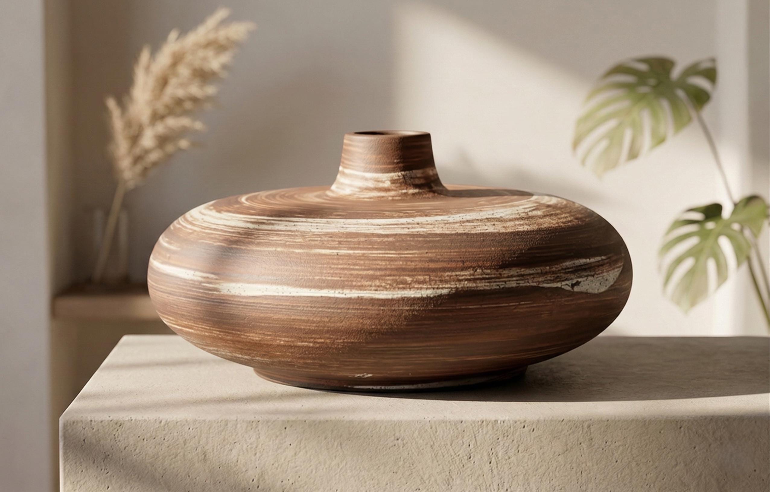 Wabi Sabi Terracotta Vase - Earthy Striped Ceramic Pottery