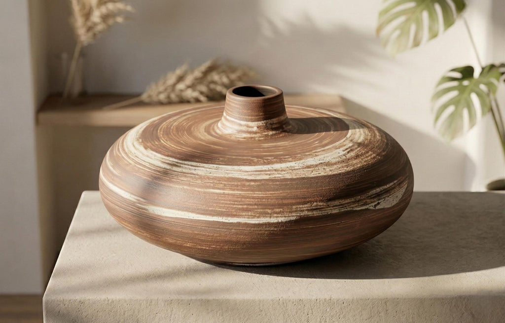 Wabi Sabi Terracotta Vase - Earthy Striped Ceramic Pottery